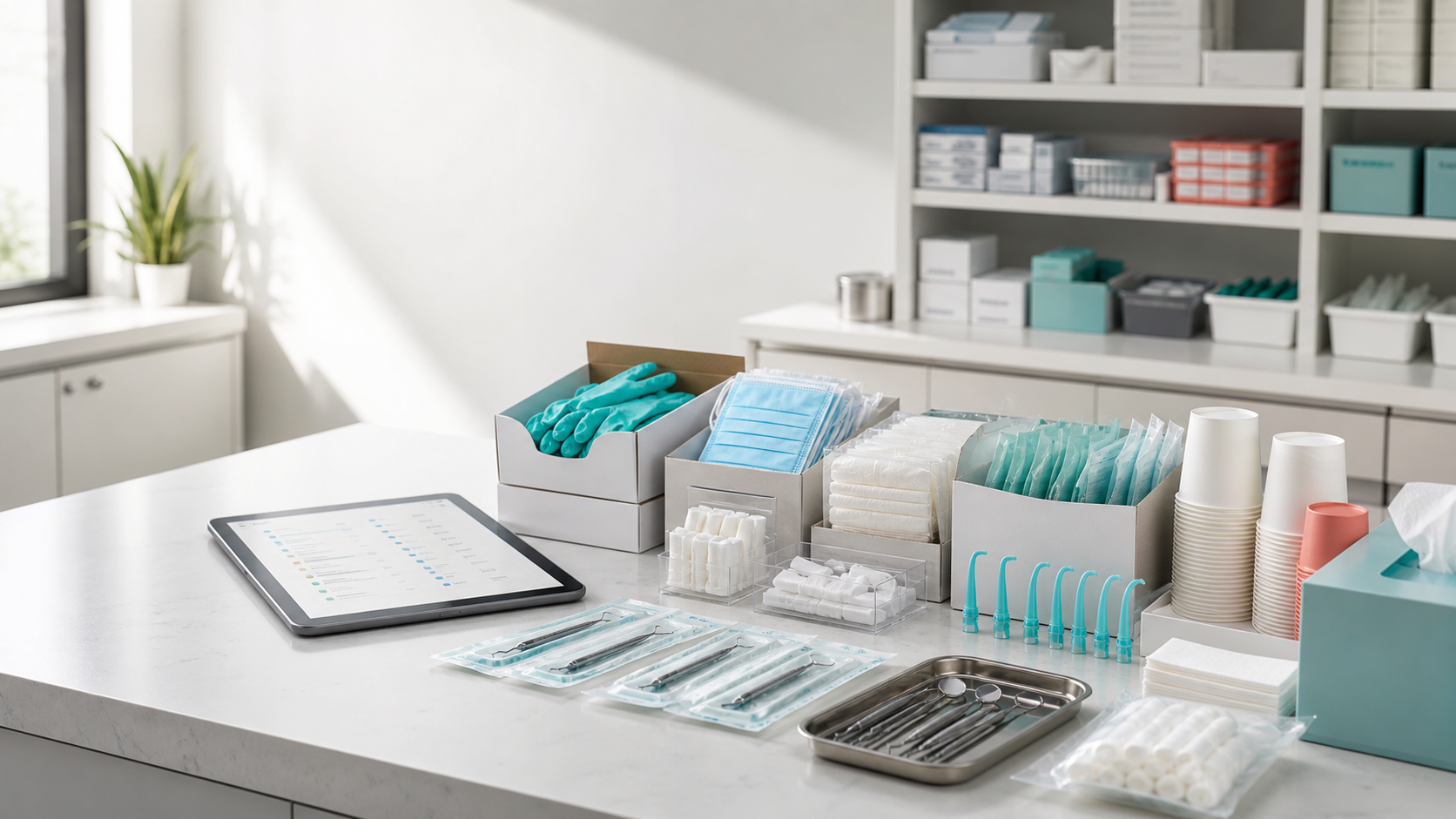 Material y consumibles organizados en una clínica dental